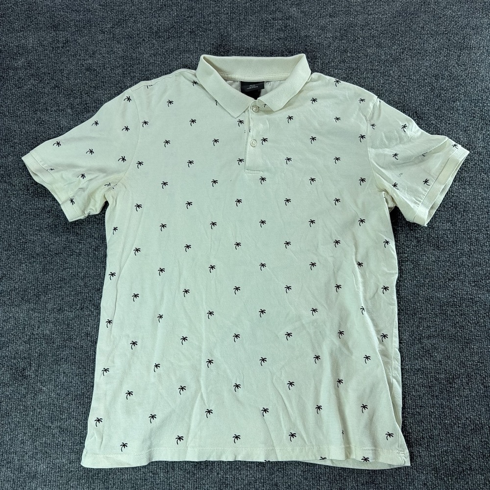 HM Slim Fit Polo Shirt Mens Large White Palm Tree Short Sleeve Cotton Preppy